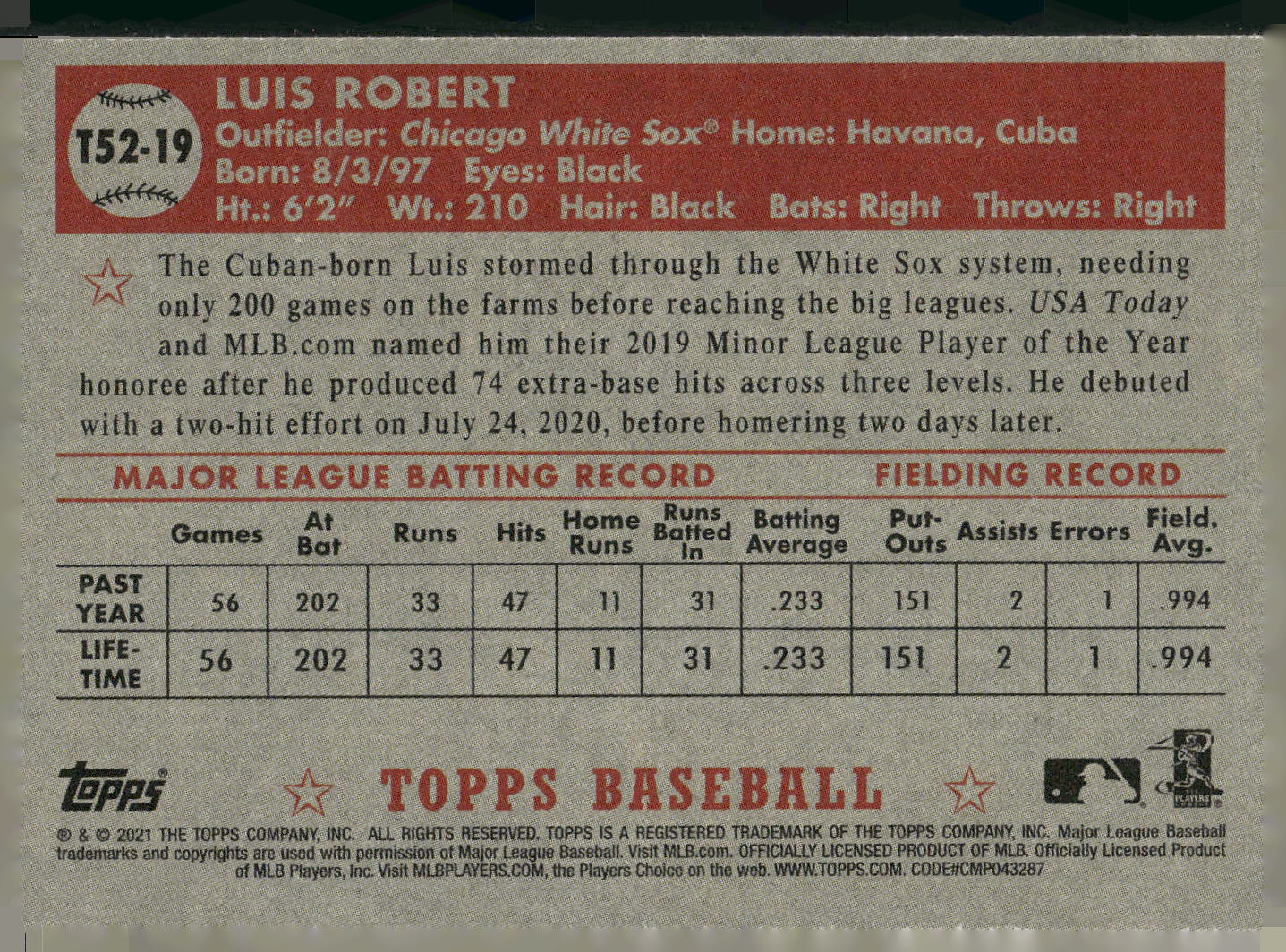 2021 Topps #T52-19 Luis Robert 1952 Topps Redux