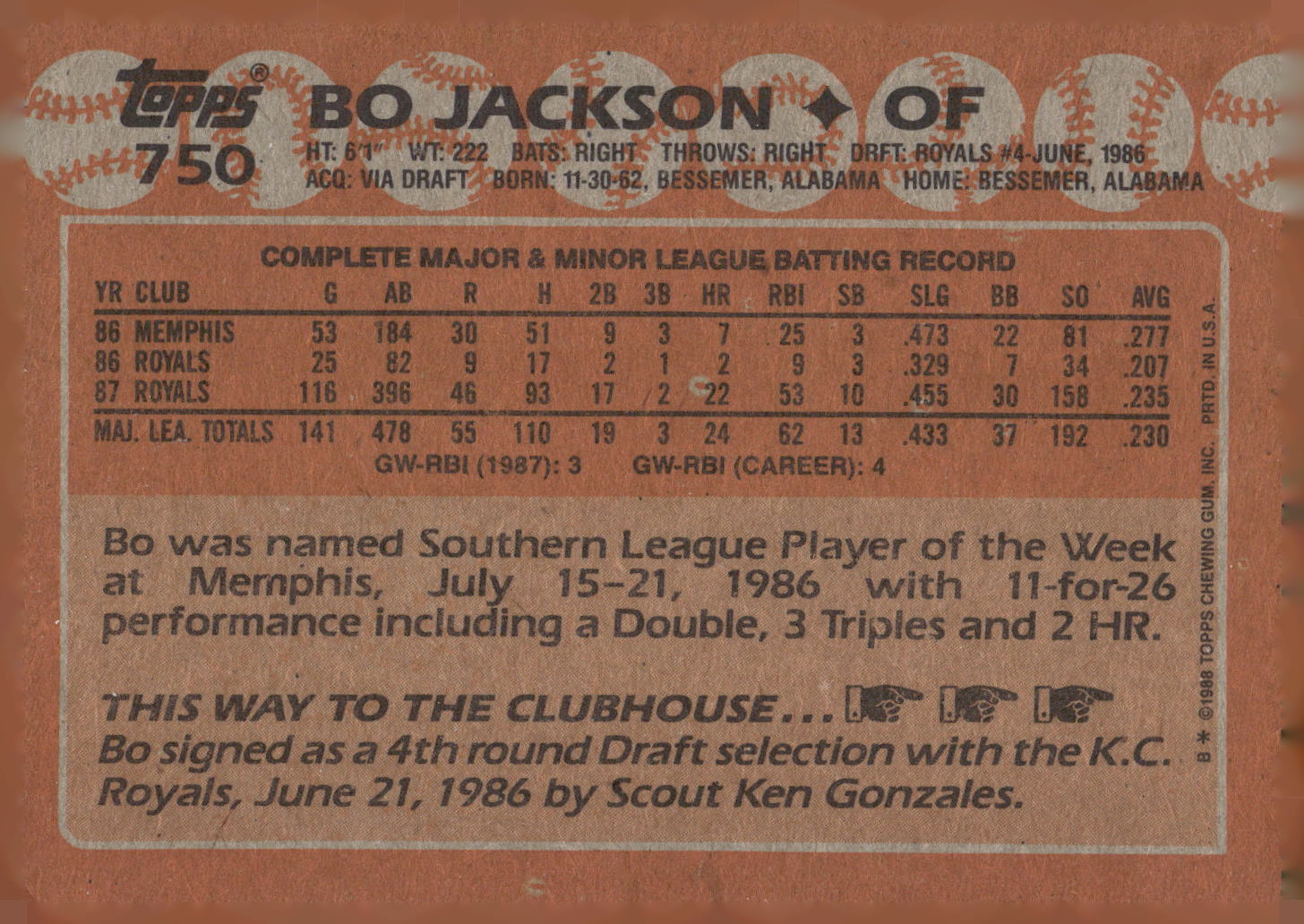 1988 Topps #750 Bo Jackson
