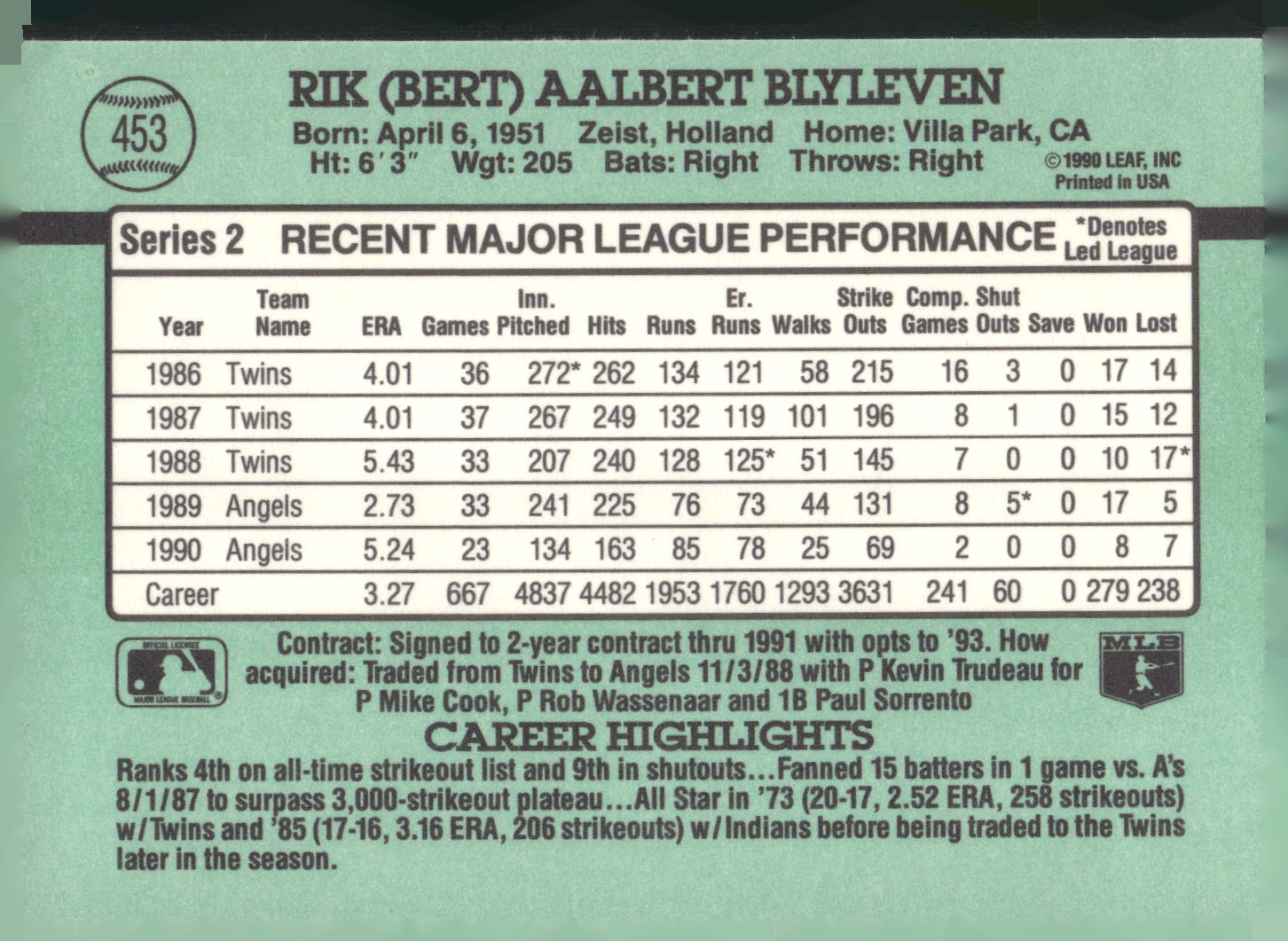 1991 Donruss #453 Bert Blyleven