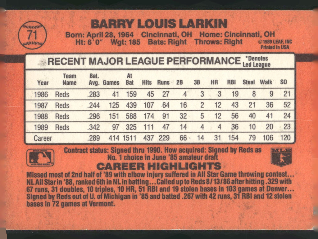 1990 Donruss #71 Barry Larkin
