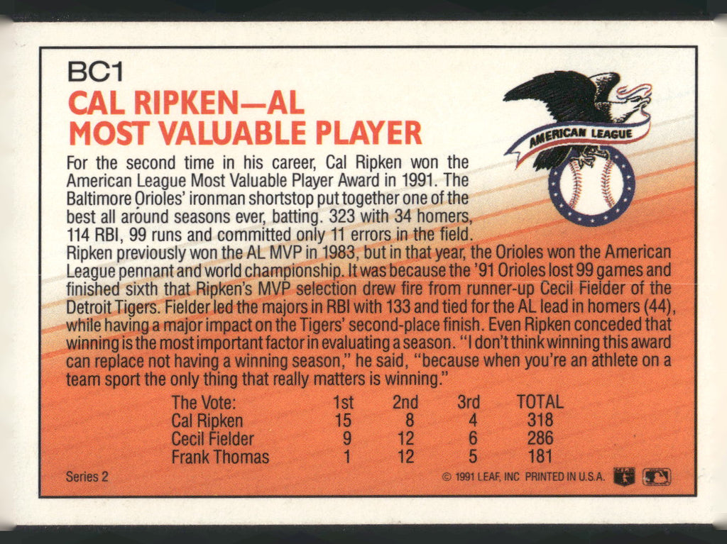 1992 Donruss #BC1 Cal Ripken Jr. Bonus Cards