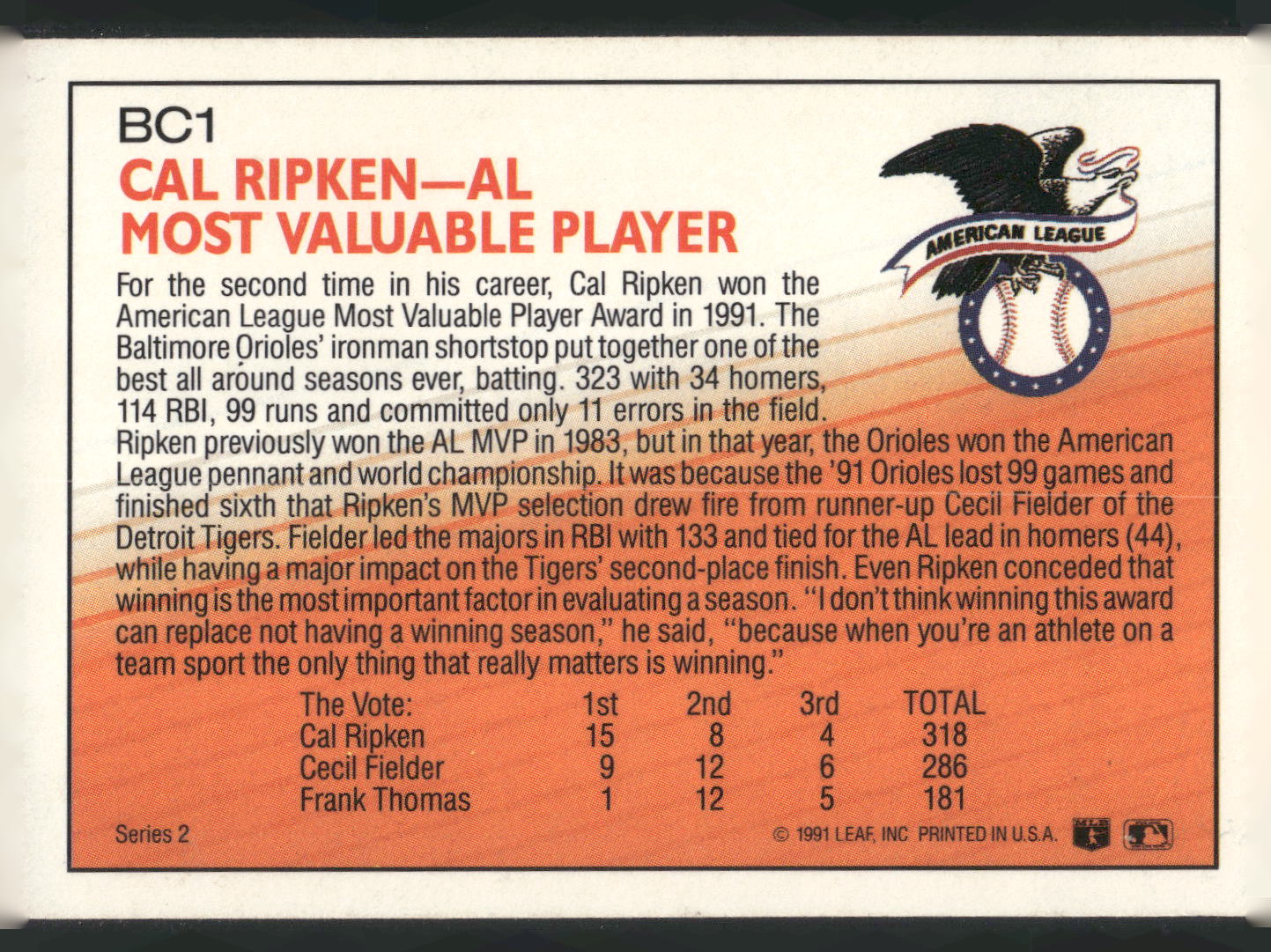 1992 Donruss #BC1 Cal Ripken Jr. Bonus Cards