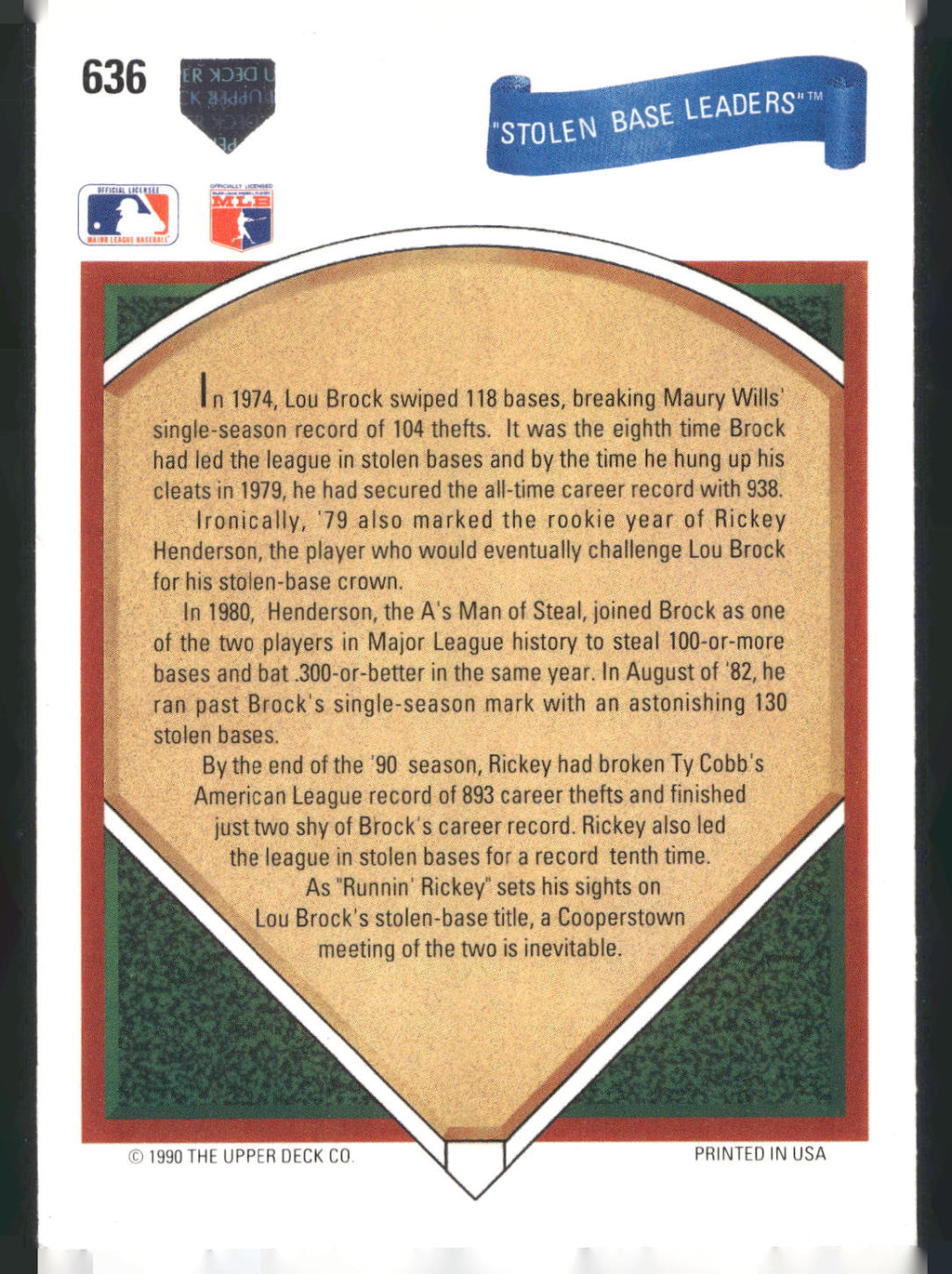 1991 Upper Deck #636 Stolen Base Leaders (Lou Brock / Rickey Henderson)