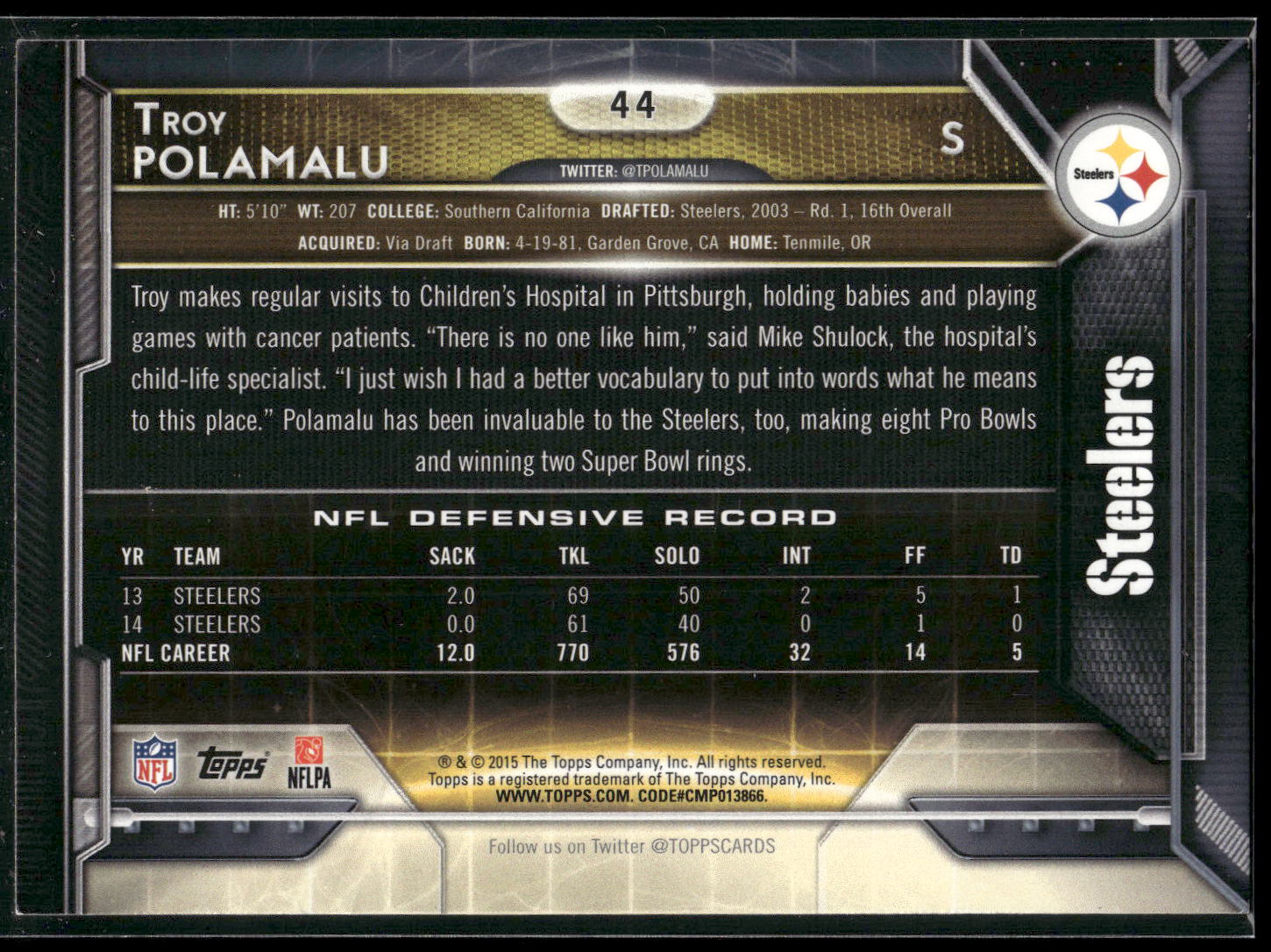 2015 Topps #44 Troy Polamalu