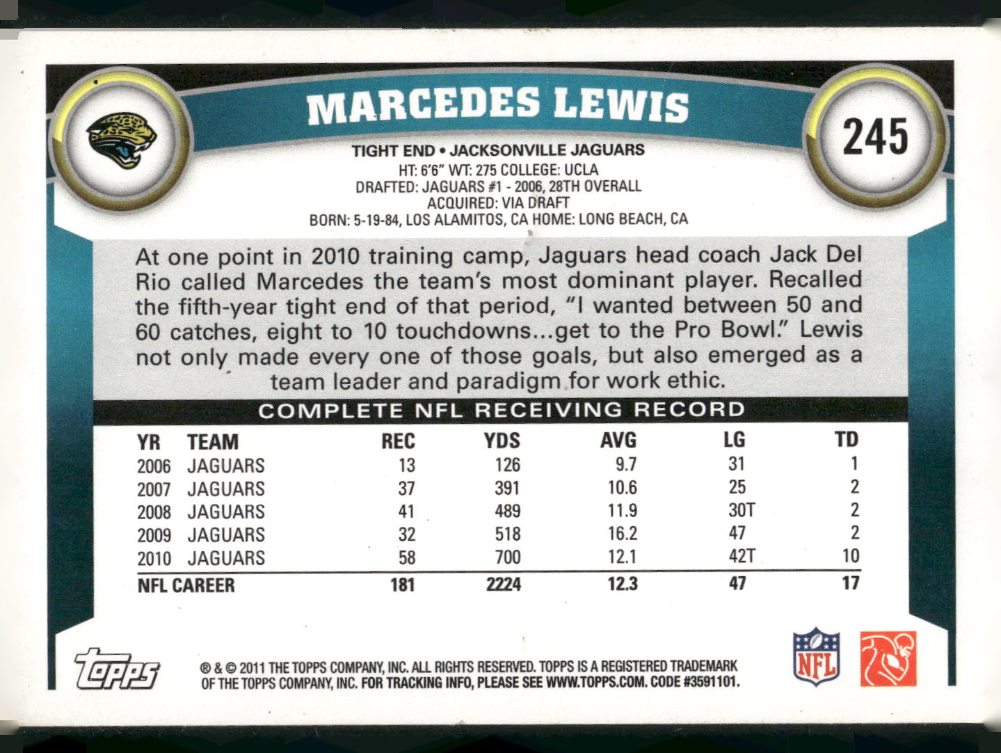 2011 Topps #245 Marcedes Lewis