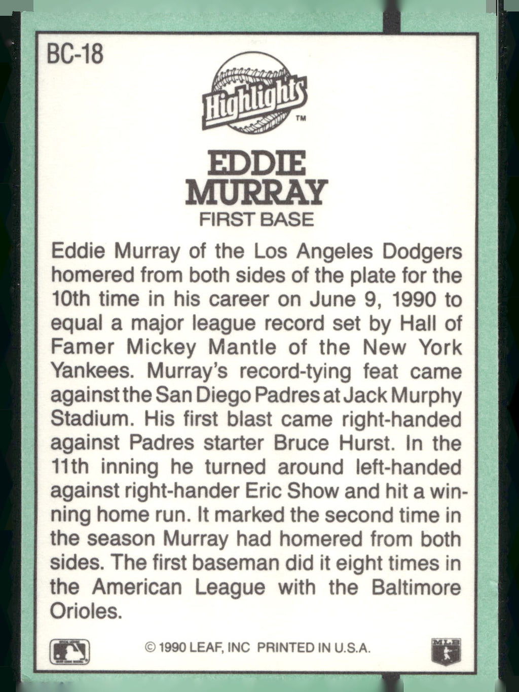 1991 Donruss #BC-18 Eddie Murray Bonus Cards