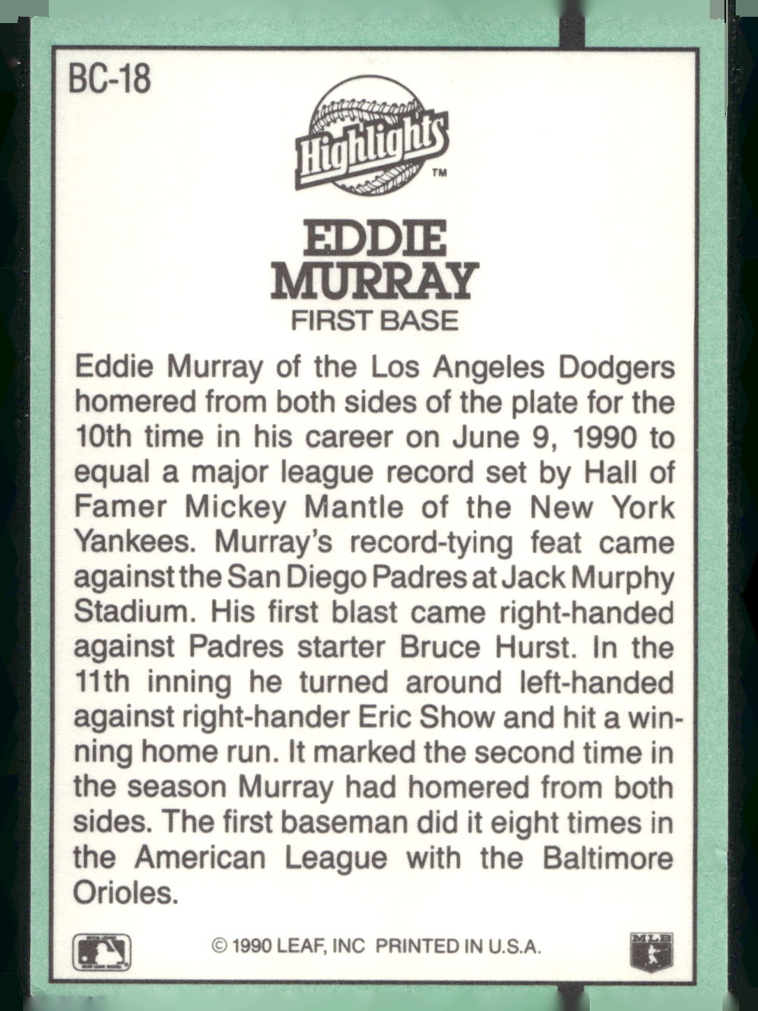 1991 Donruss #BC-18 Eddie Murray Bonus Cards