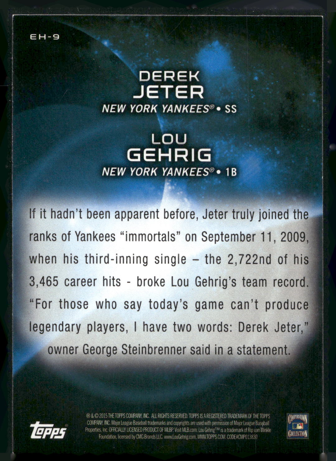 2015 Topps #EH-9 Derek Jeter / Lou Gehrig Eclipsing History