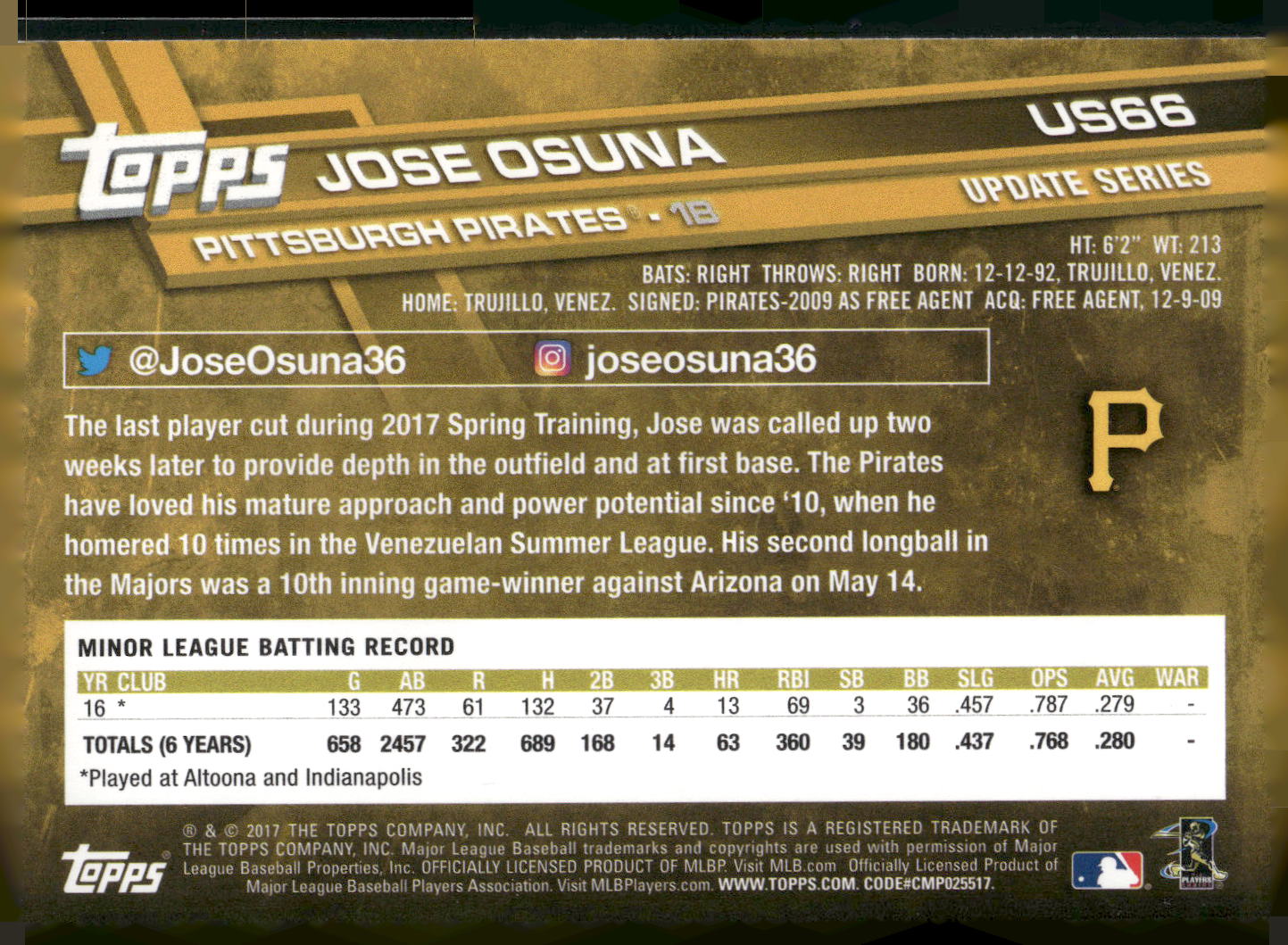 2017 Topps Update #US66 Jose Osuna