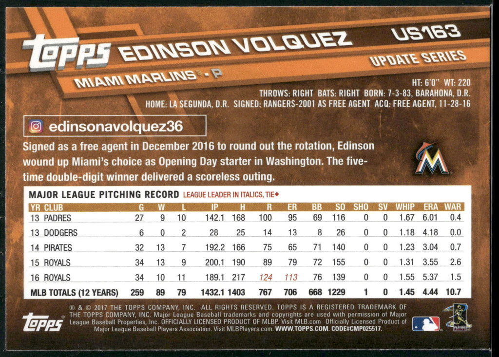 2017 Topps Update #US163 Edinson Volquez