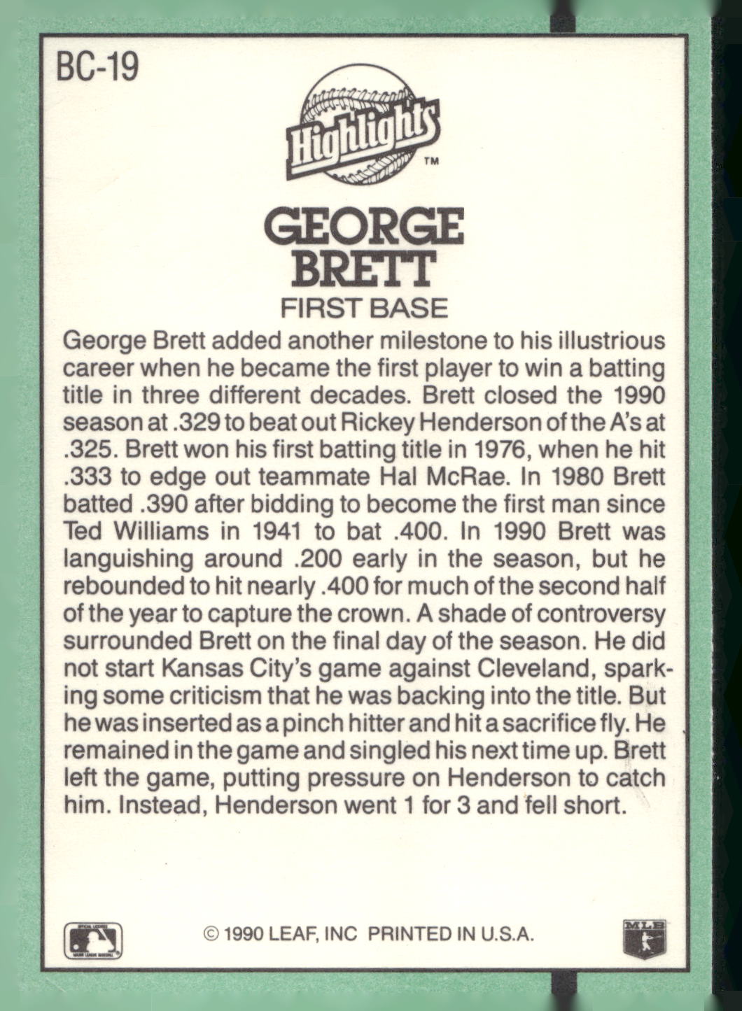 1991 Donruss #BC-19 George Brett Bonus Cards