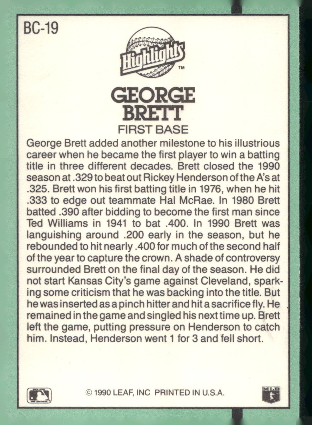 1991 Donruss #BC-19 George Brett Bonus Cards