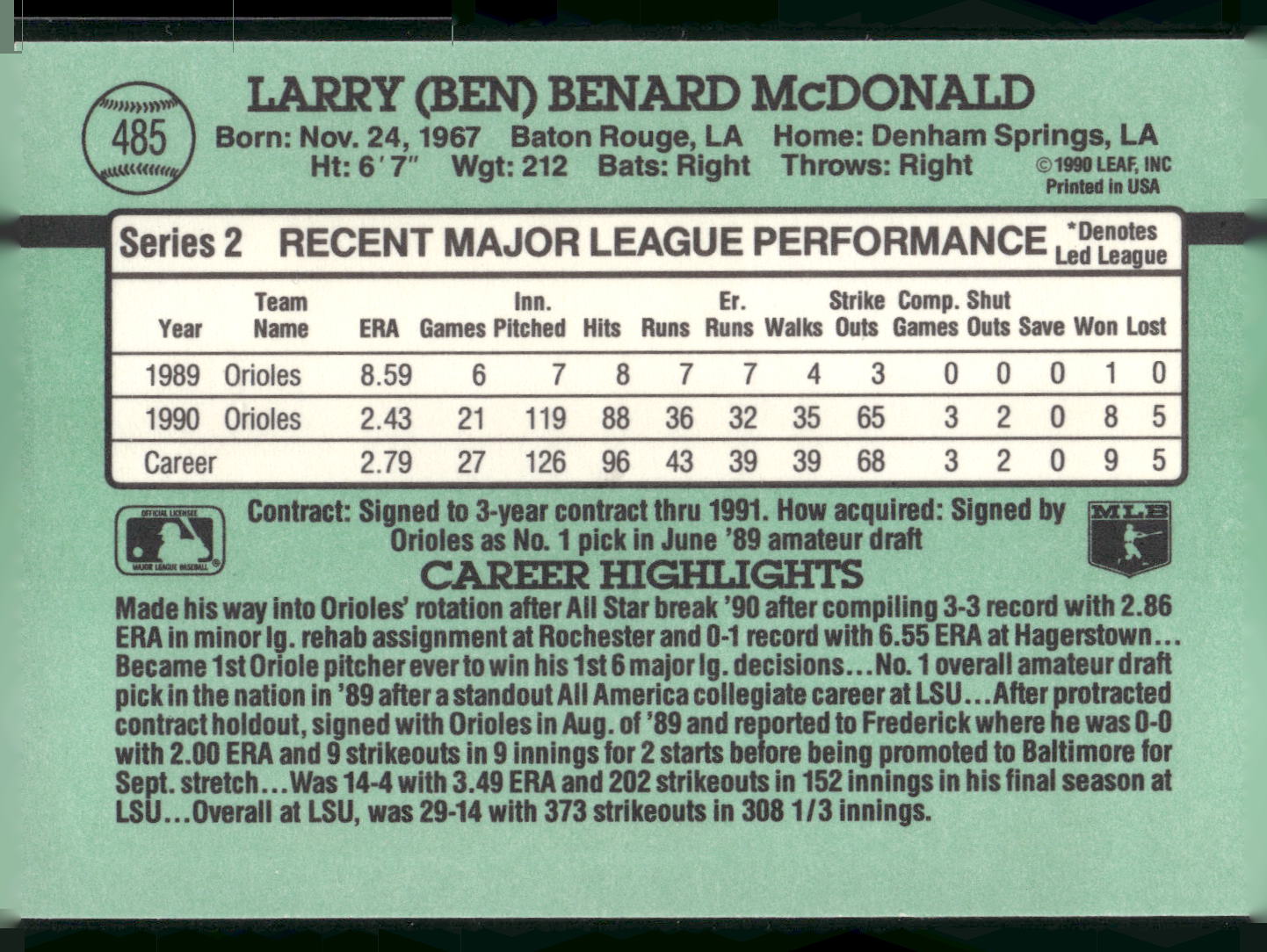 1991 Donruss #485 Ben McDonald