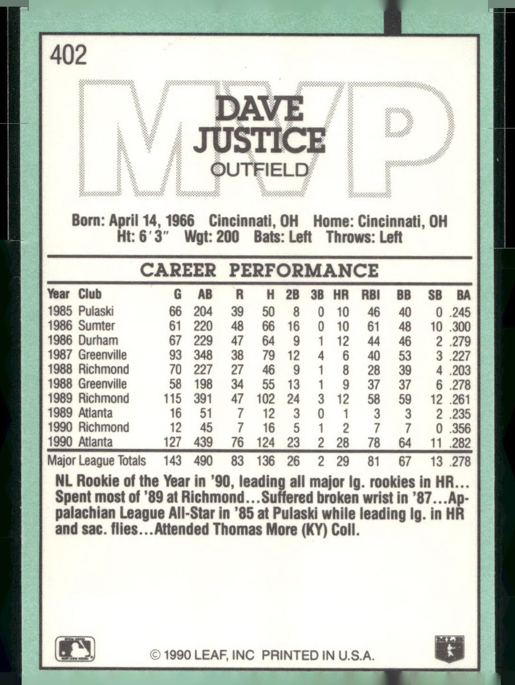 1991 Donruss #402 Dave Justice
