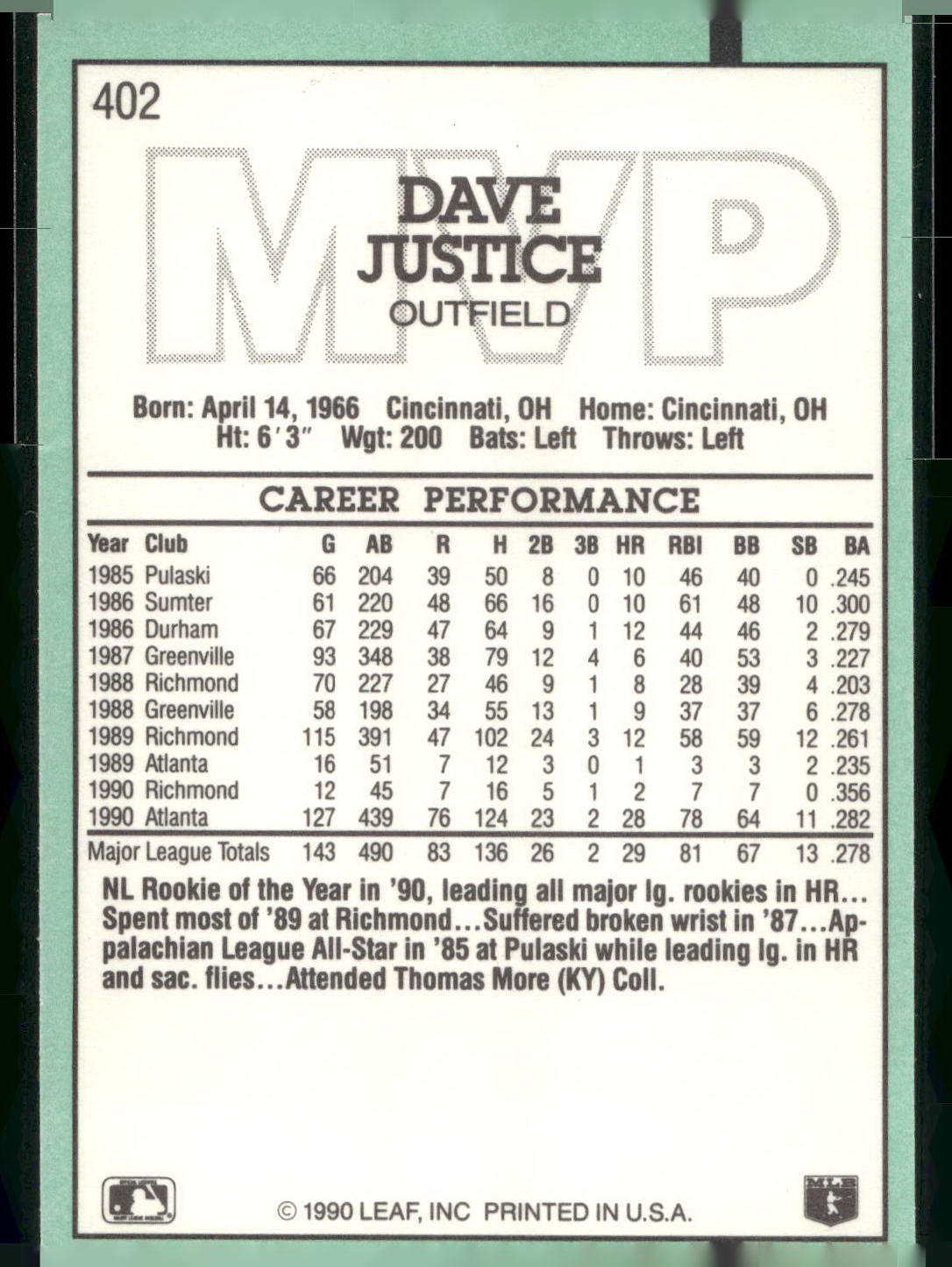 1991 Donruss #402 Dave Justice