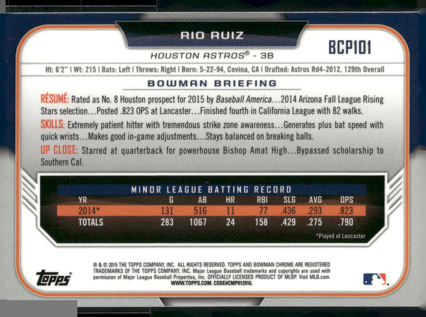2015 Bowman #BCP101 Rio Ruiz Chrome Prospects