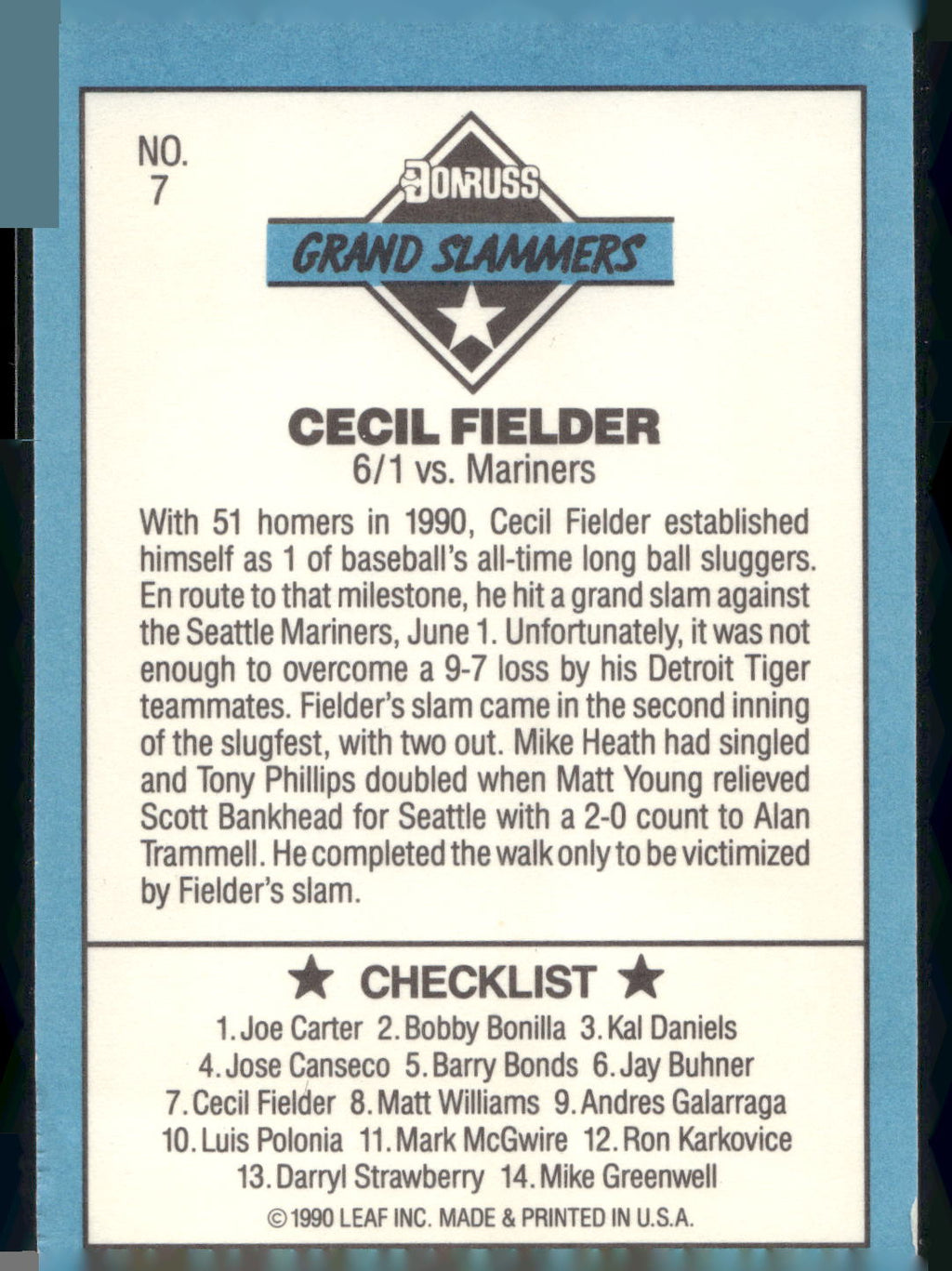 1991 Donruss #7a Cecil Fielder Grand Slammers