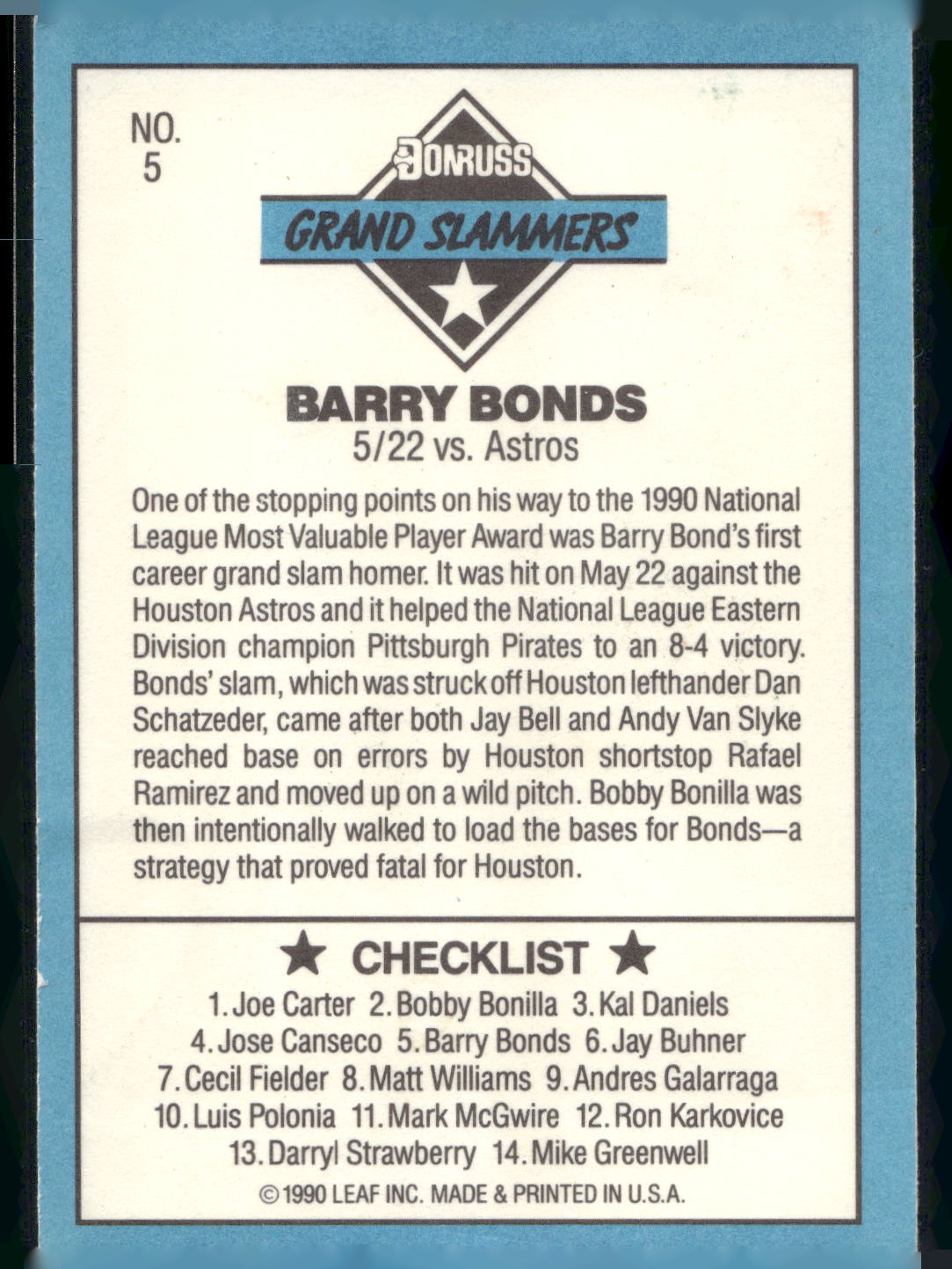 1991 Donruss #5e Barry Bonds Grand Slammers