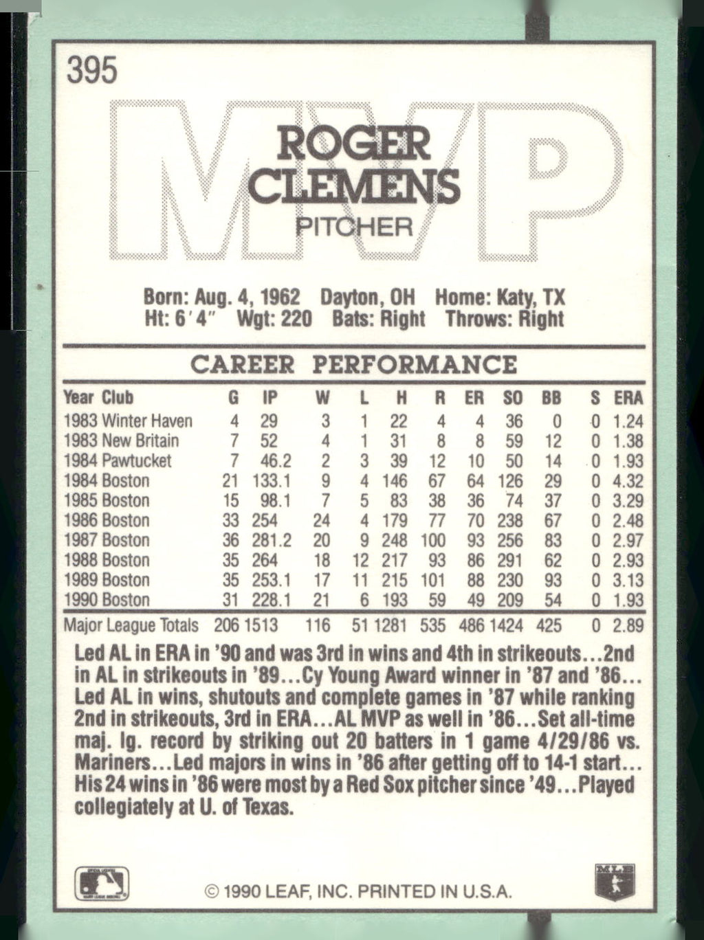 1991 Donruss #395 Roger Clemens