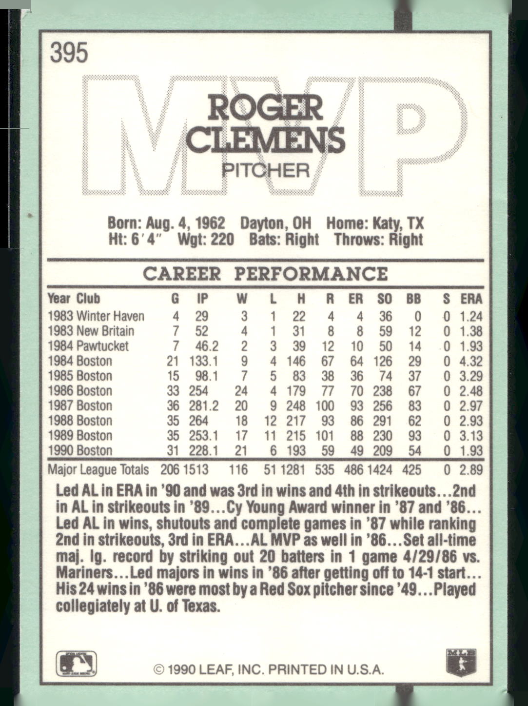 1991 Donruss #395 Roger Clemens