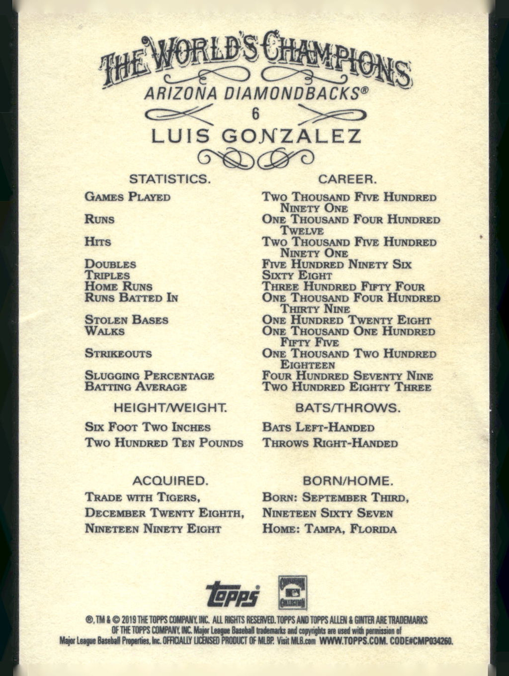 2019 Topps Allen & Ginter #6 Luis Gonzalez