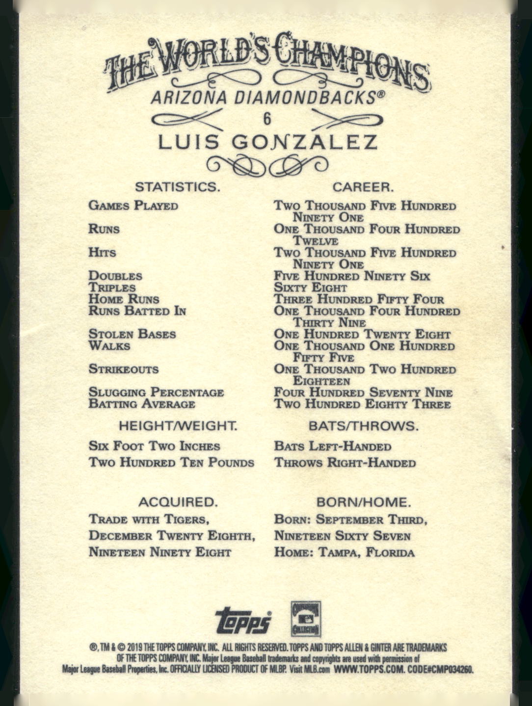 2019 Topps Allen & Ginter #6 Luis Gonzalez