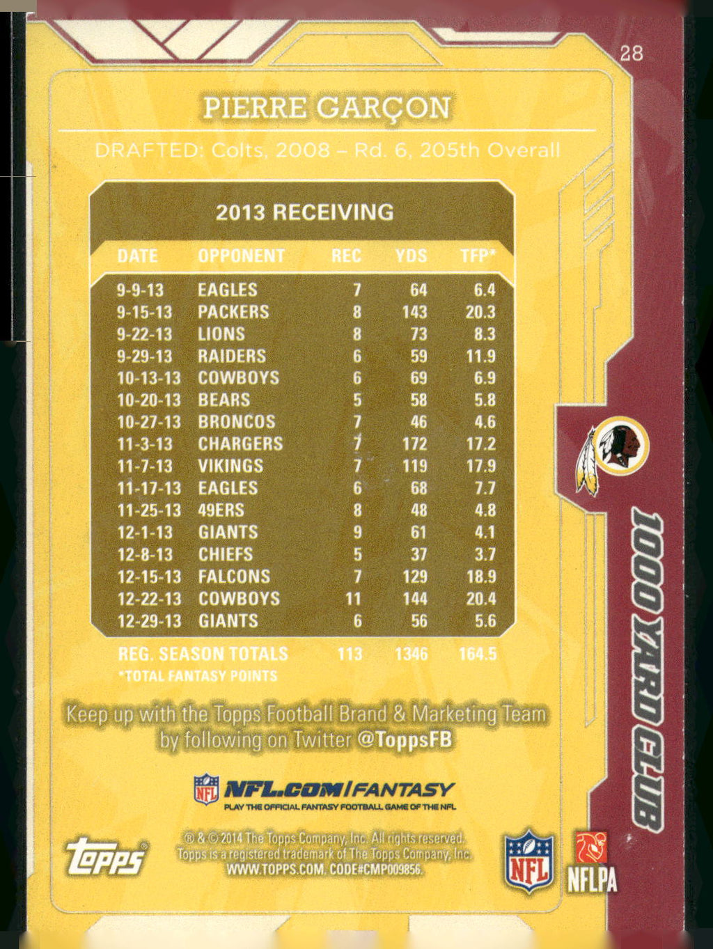 2014 Topps #28 Pierre Garcon 1000 Yard Club
