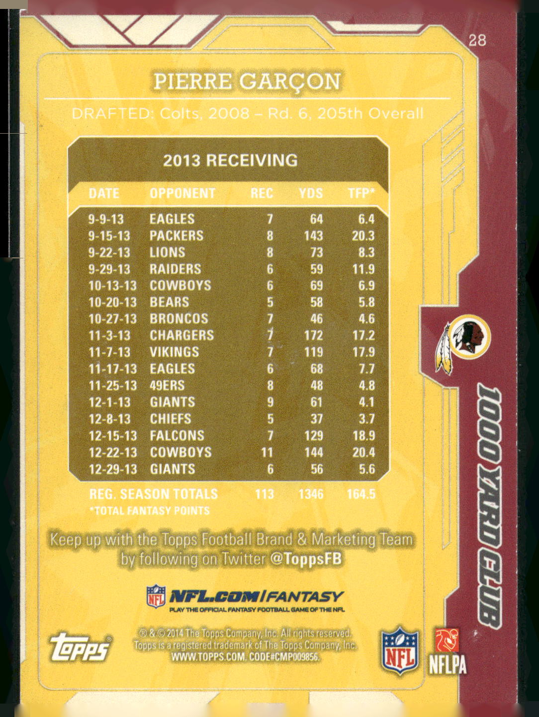 2014 Topps #28 Pierre Garcon 1000 Yard Club