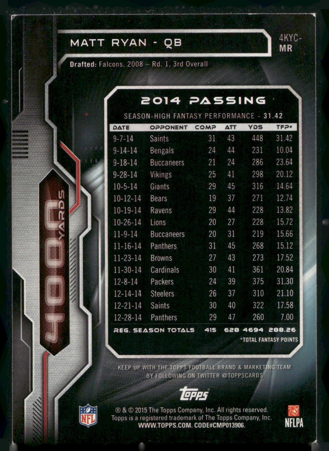 2015 Topps #4KYC-MR Matt Ryan 4000 Yard Club
