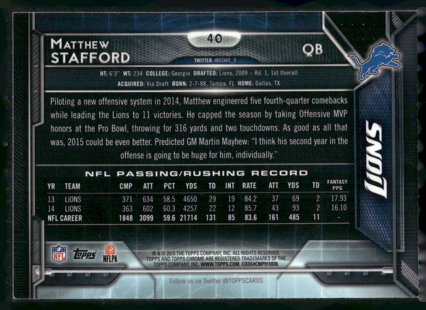 2015 Topps Chrome #40 Matthew Stafford