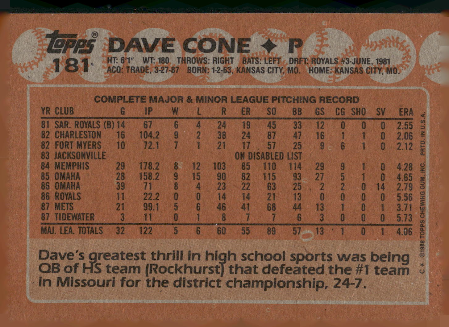 1988 Topps #181 Dave Cone