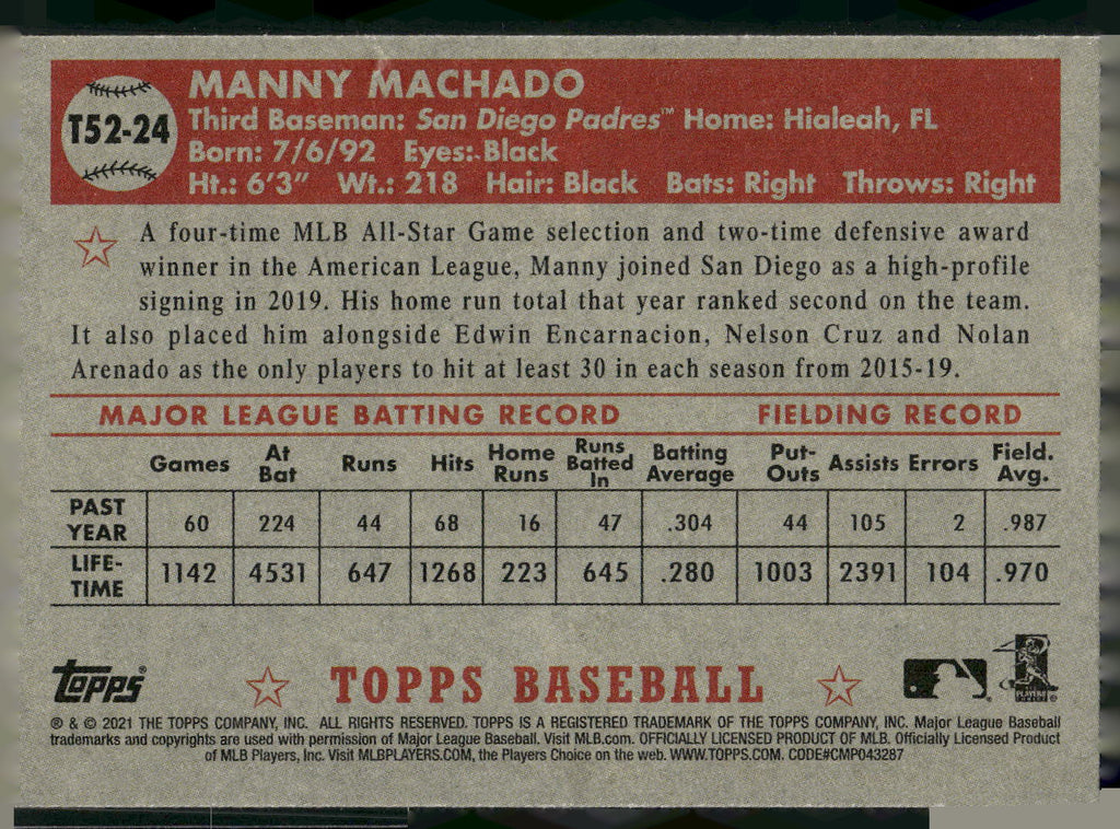 2021 Topps #T52-24 Manny Machado 1952 Topps Redux