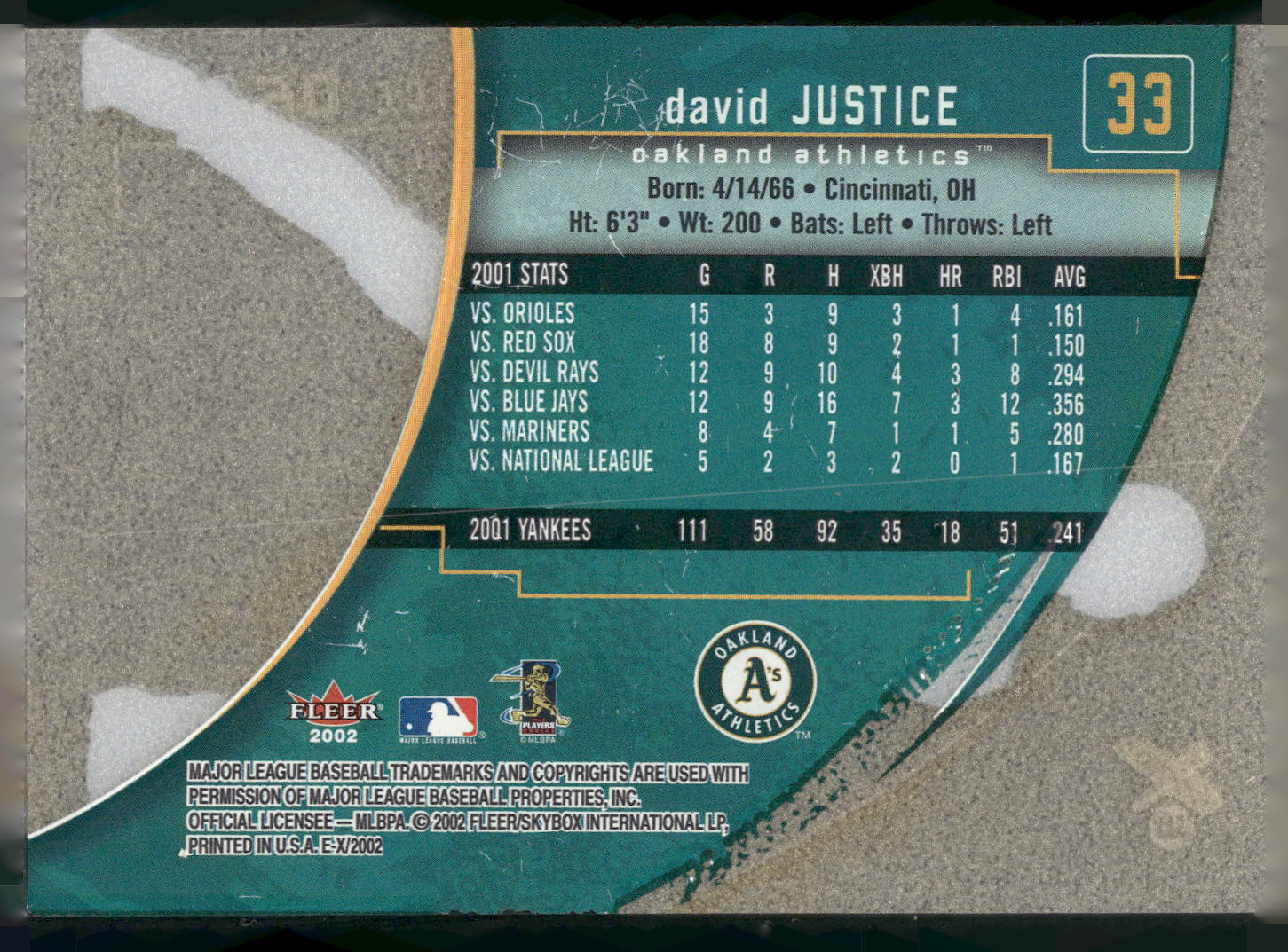 2002 Fleer E-X #33 David Justice