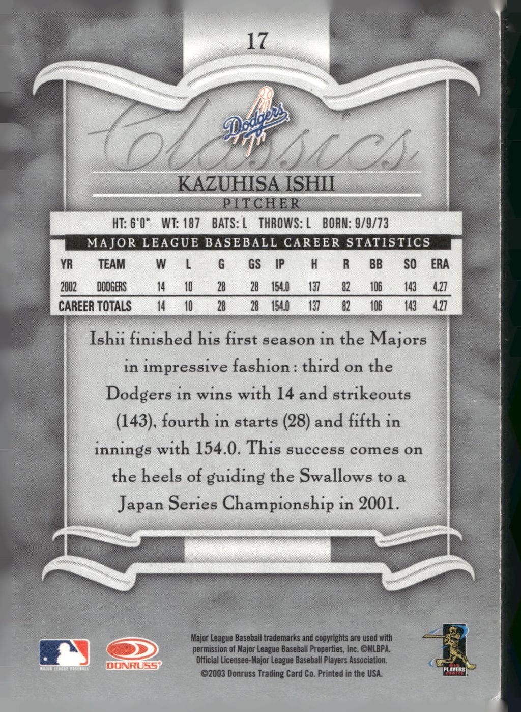 2003 Donruss Classics #17 Kazuhisa Ishii