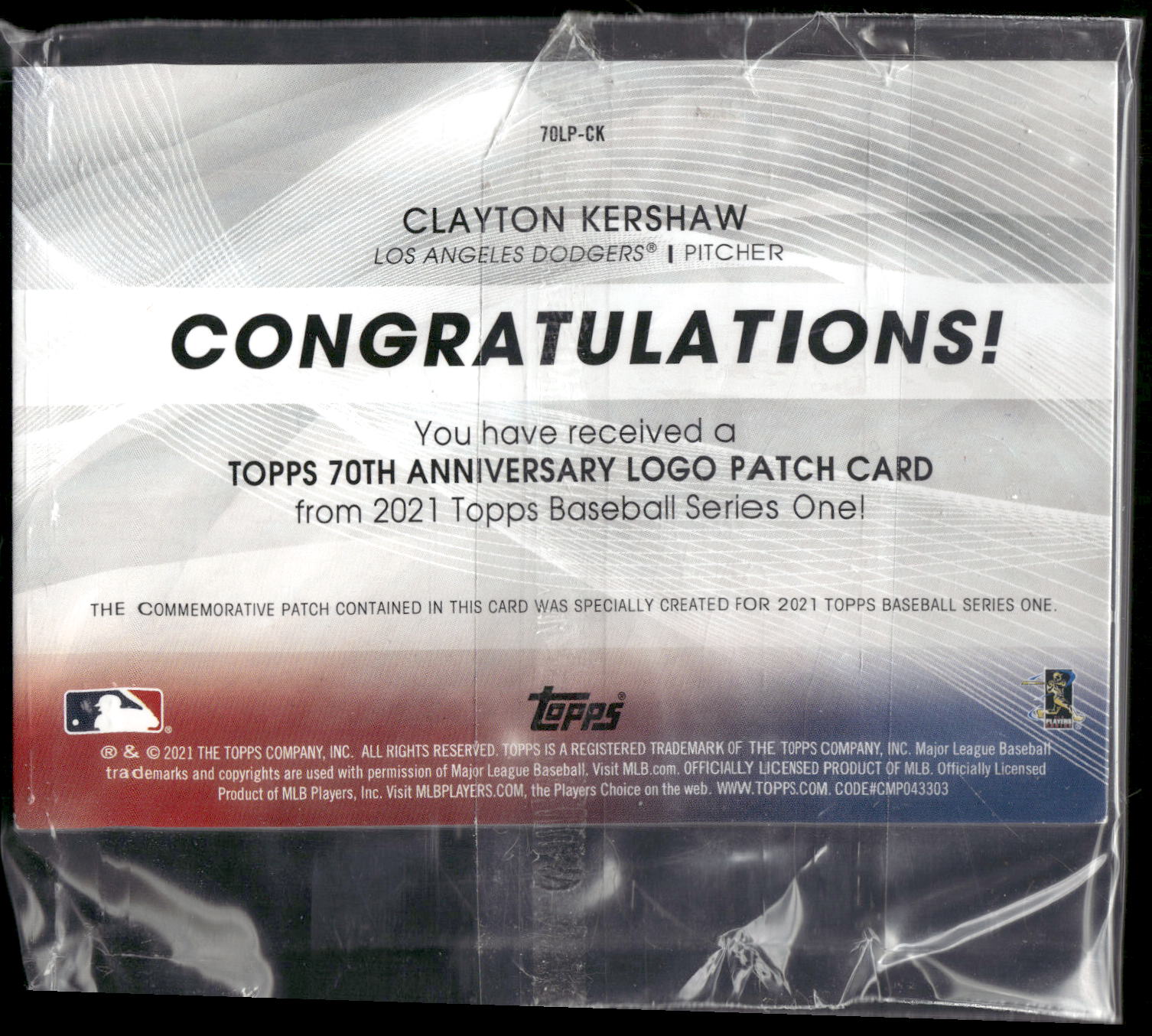 2021 Topps #70LP-CK Clayton Kershaw 70th Anniversary Logo Patch (Series 1)