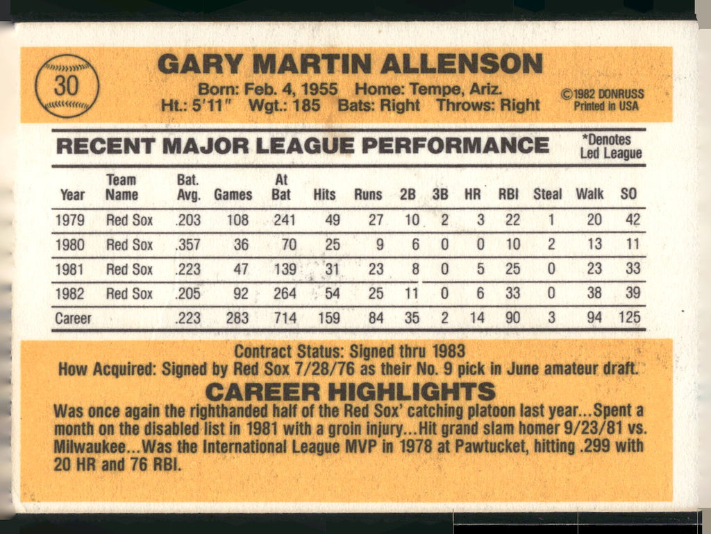 1983 Donruss #30 Gary Allenson