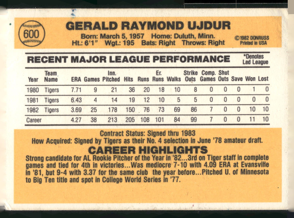 1983 Donruss #600 Jerry Ujdur
