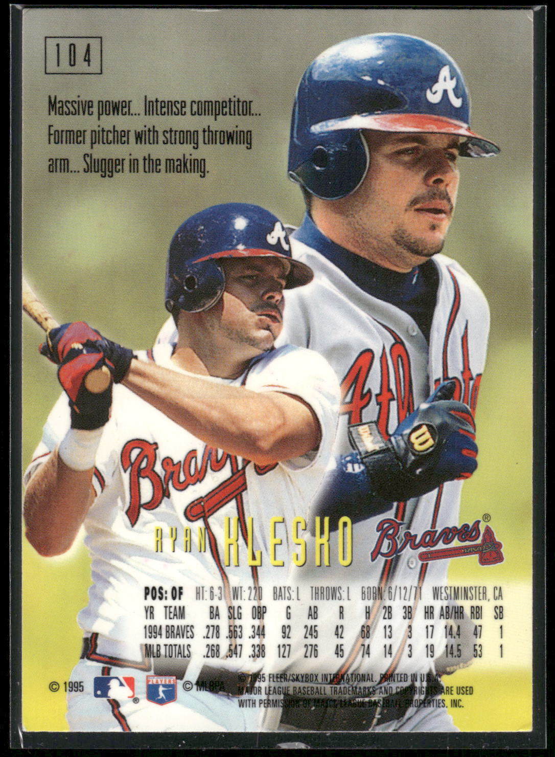 1995 SkyBox E-Motion #104 Ryan Klesko