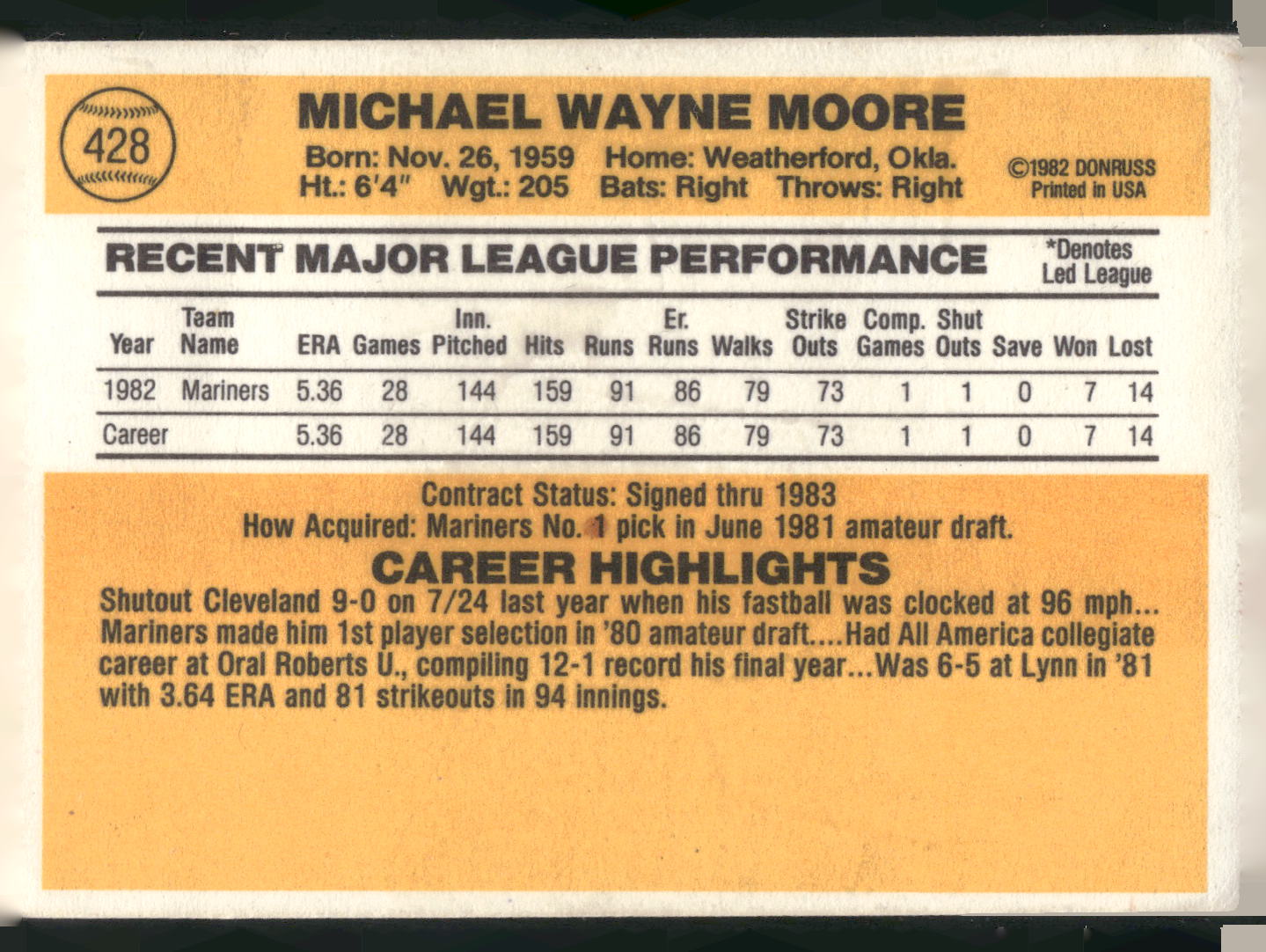 1983 Donruss #428 Mike Moore