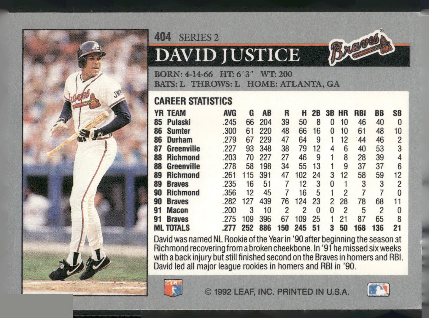 1992 Leaf #404 David Justice