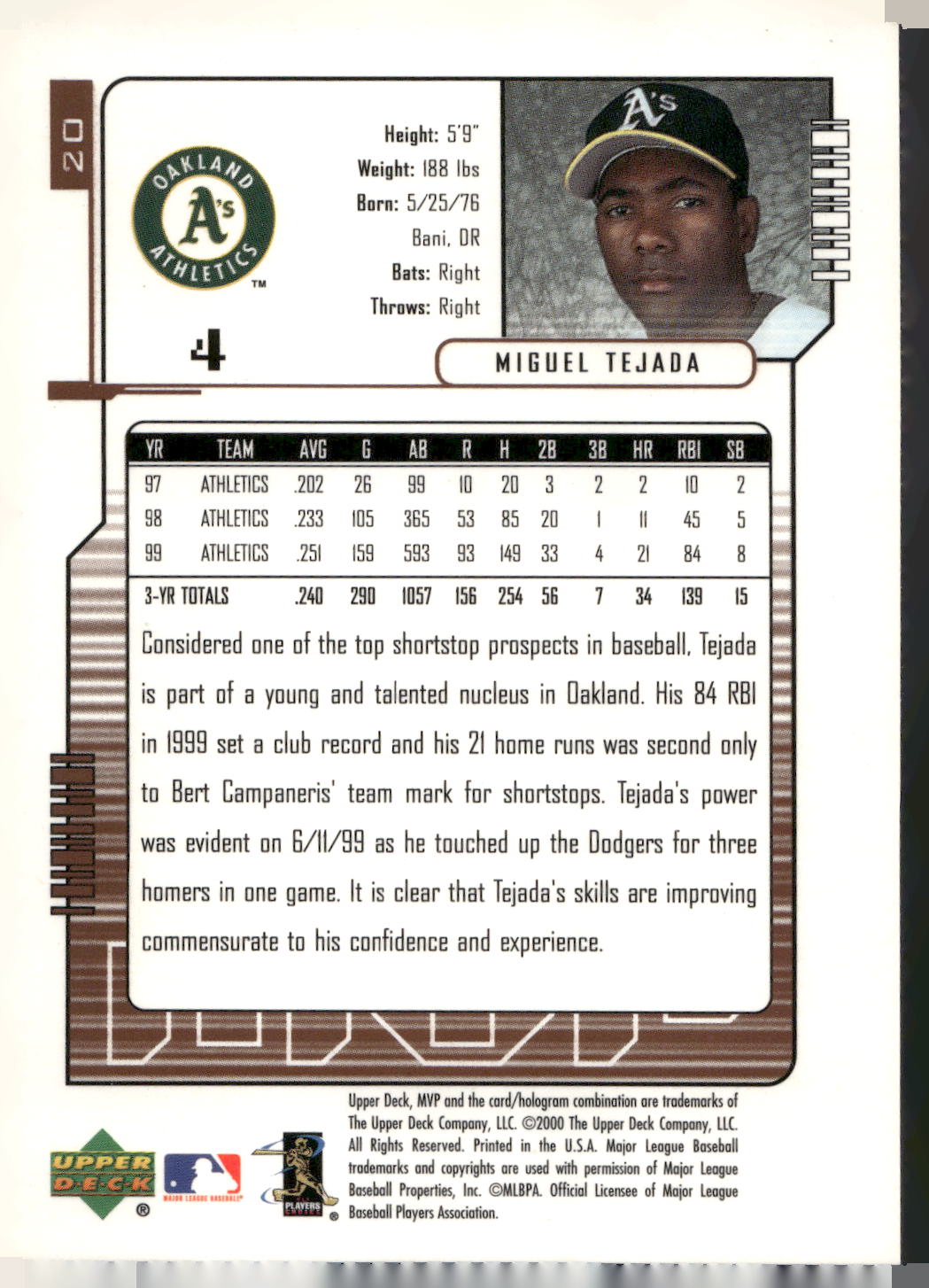 2000 Upper Deck MVP #20 Miguel Tejada