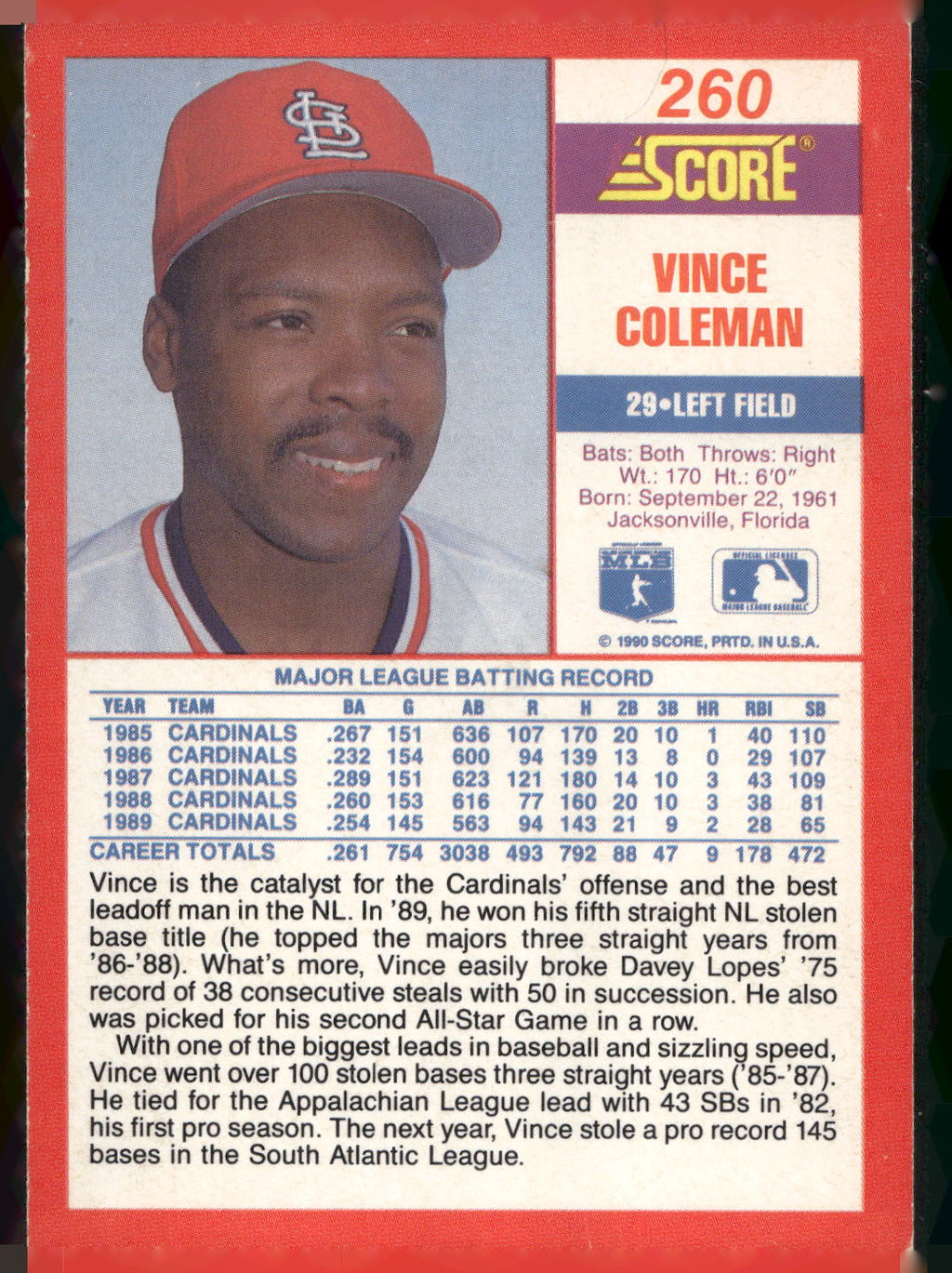 1990 Score #260 Vince Coleman