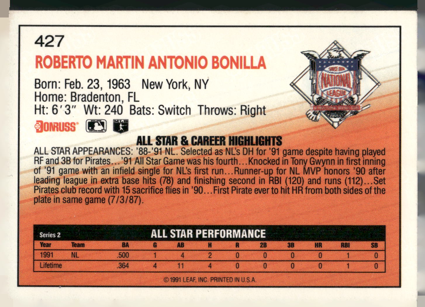 1992 Donruss #427 Bobby Bonilla