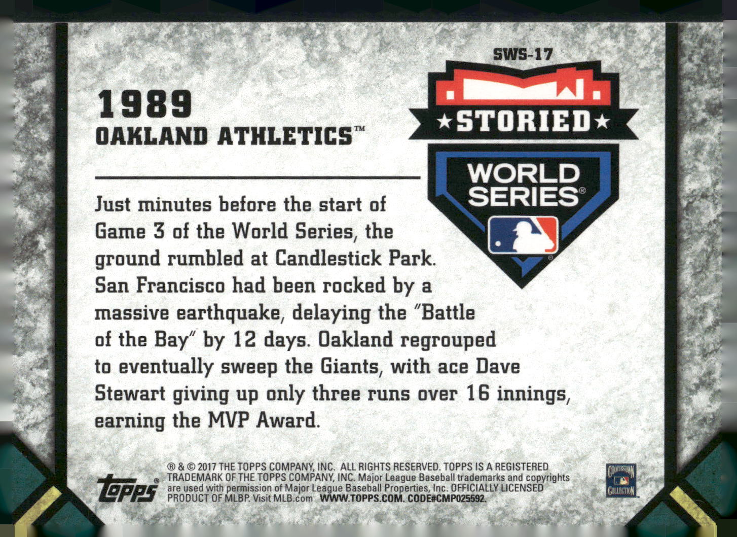 2017 Topps Update #SWS-17 1989 Oakland Athletics Storied World Series Blue #/500