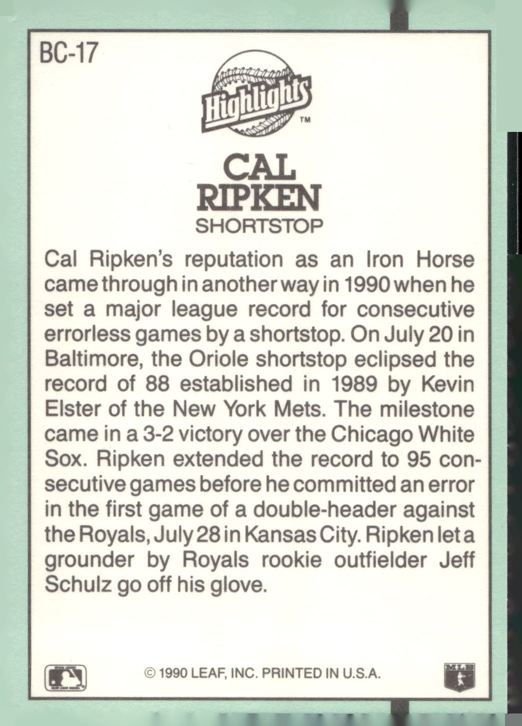 1991 Donruss #BC-17 Cal Ripken Jr. Bonus Cards