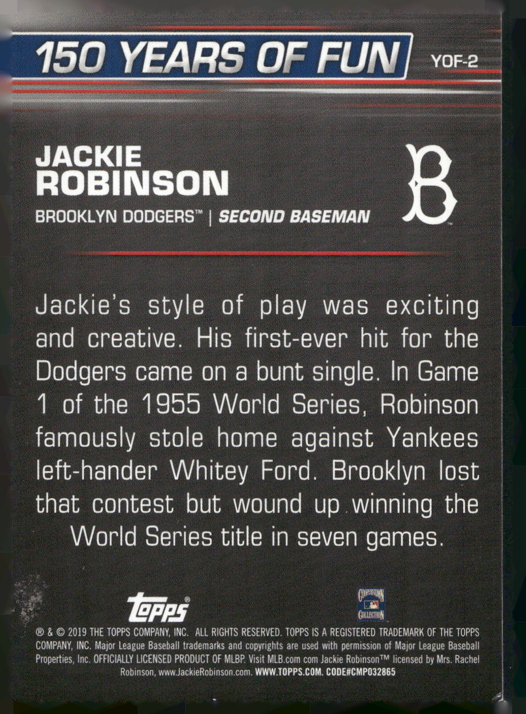 2019 Topps Opening Day #YOF-2 Jackie Robinson 150 Years of Fun