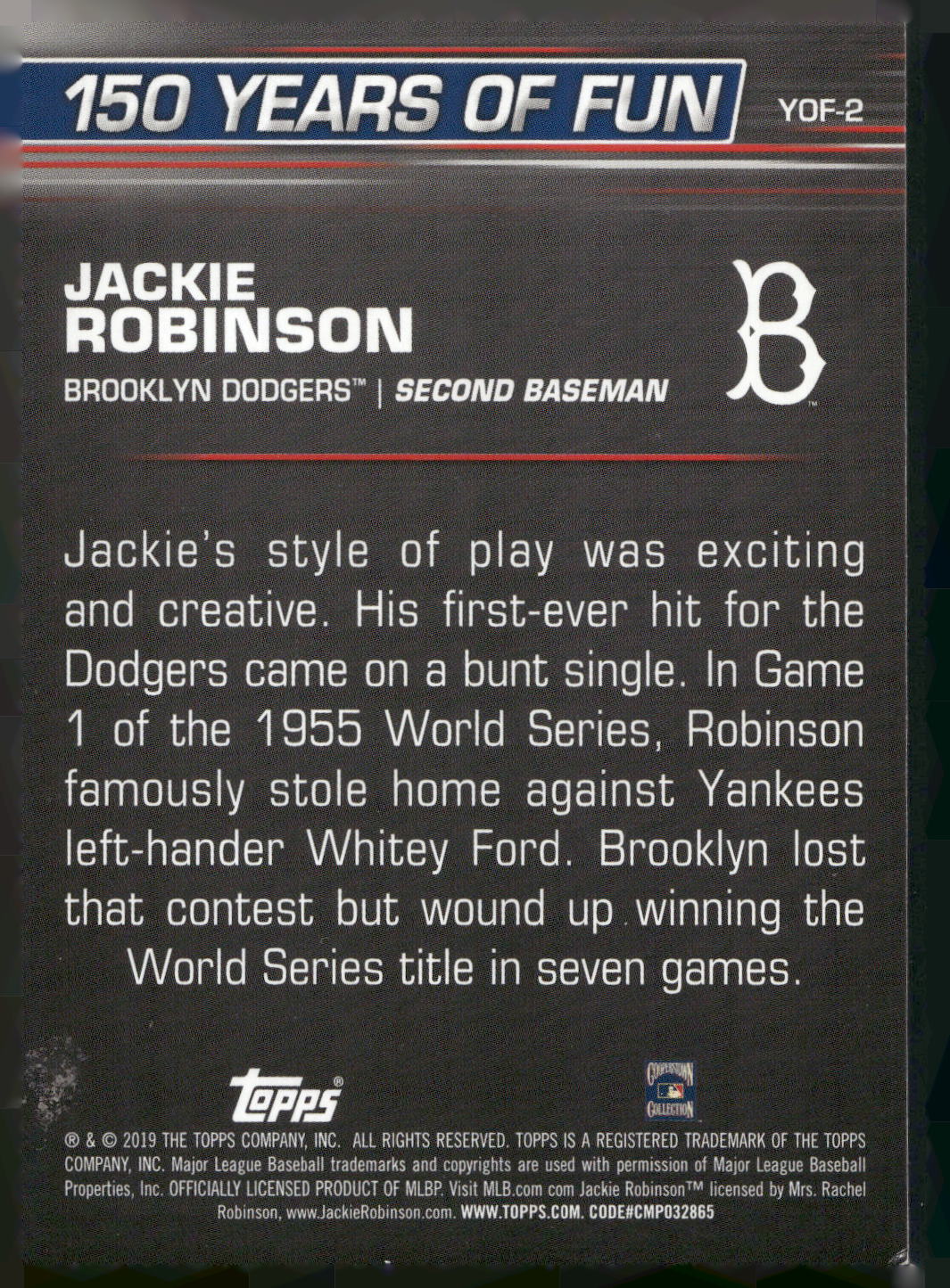 2019 Topps Opening Day #YOF-2 Jackie Robinson 150 Years of Fun