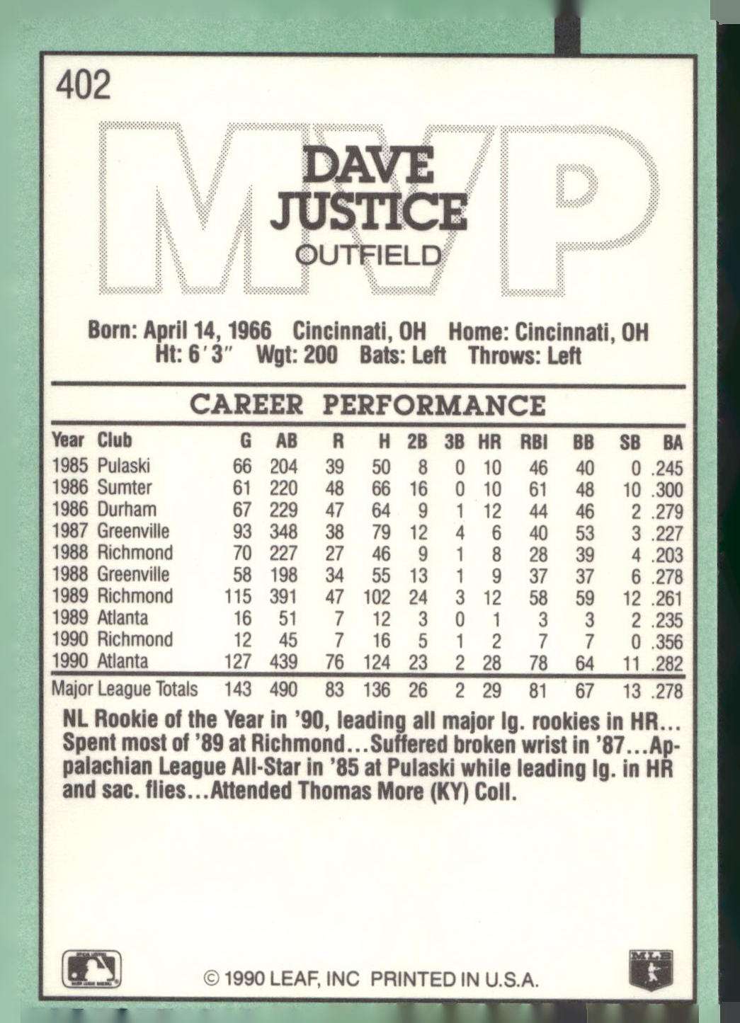 1991 Donruss #402 Dave Justice