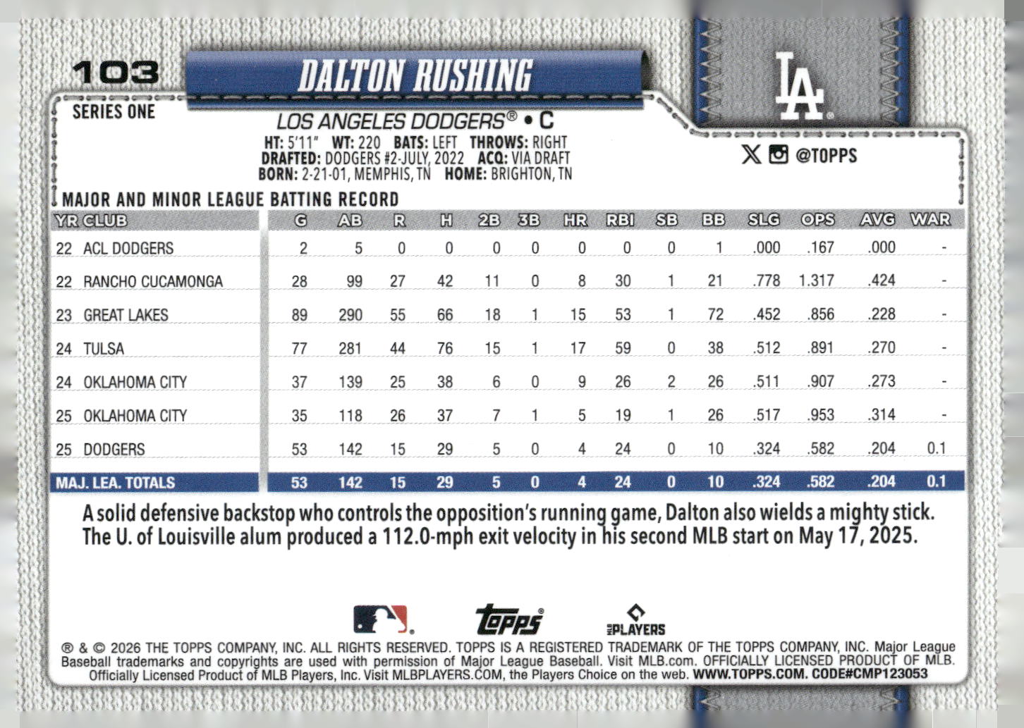 2026 Topps #103 Dalton Rushing