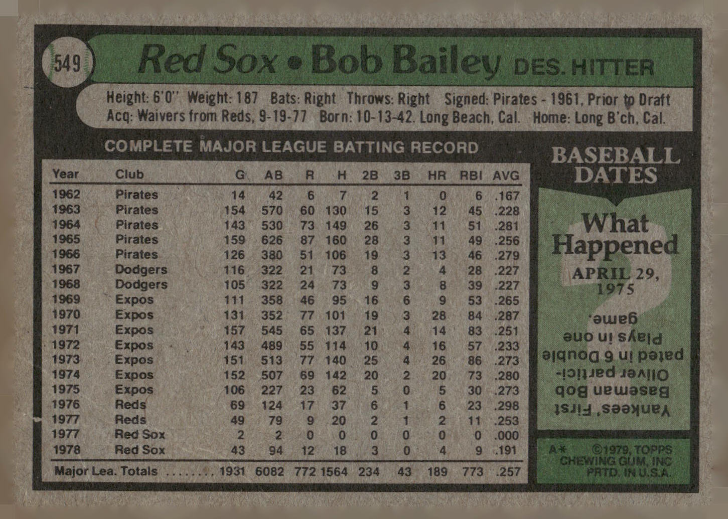 1979 Topps #549 Bob Bailey